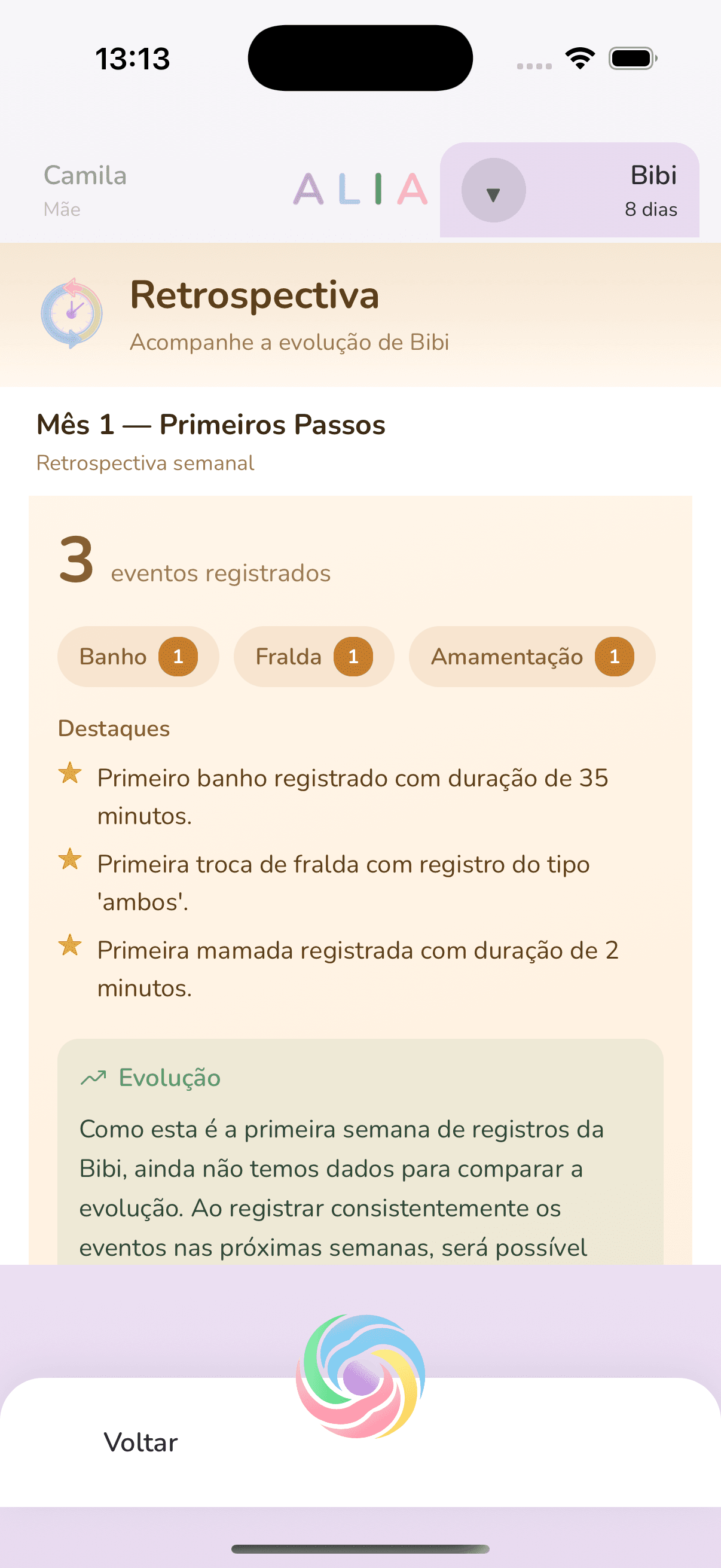 Retrospectiva semanal do bebê com destaques e evolução